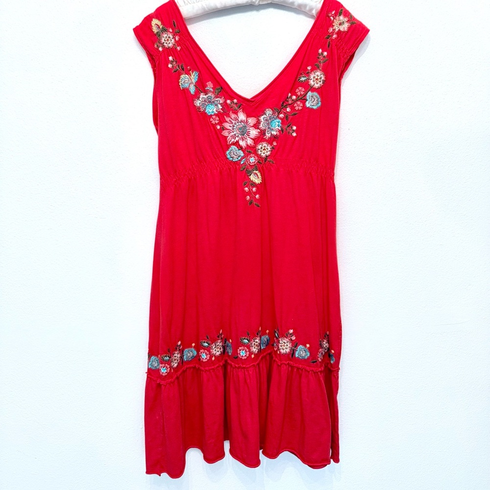 Johnny Was Red Floral Embroidered Dress